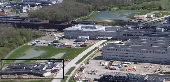 Bygningen til det kommende Ronald McDonald-hus i Odense ved siden af det nye OUH er markeret på et dronefoto