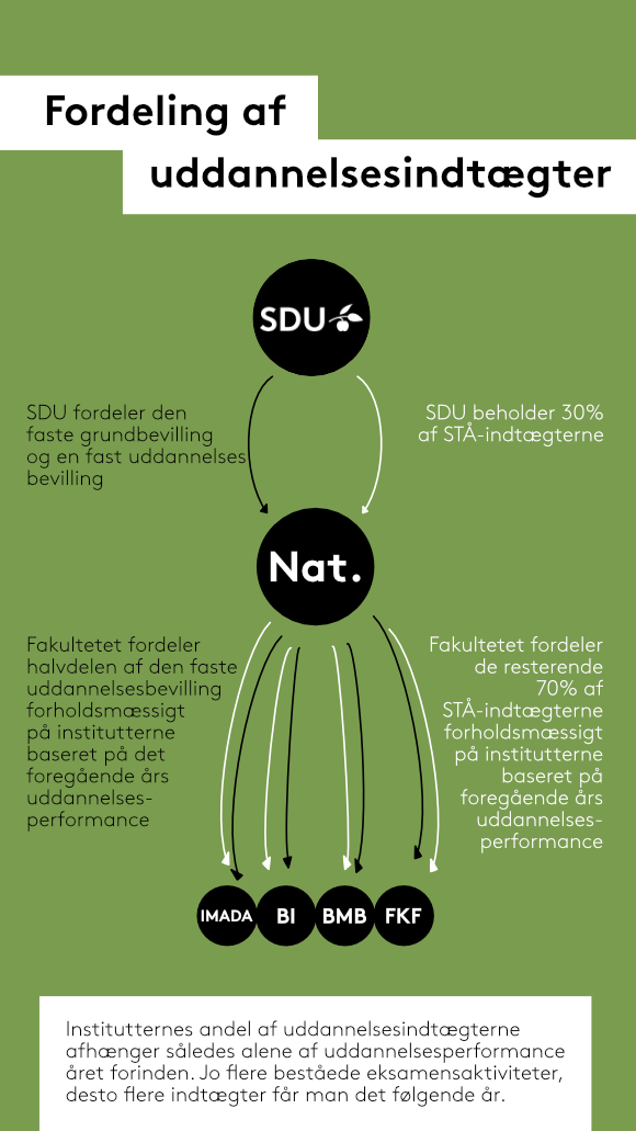 Institutternes andel af uddannelsesindtægterne afhænger alene af uddannelsesperformance året forinden. Jo flere beståede eksamensaktiviteter, desto flere indtægter får instituttet det følgende år.