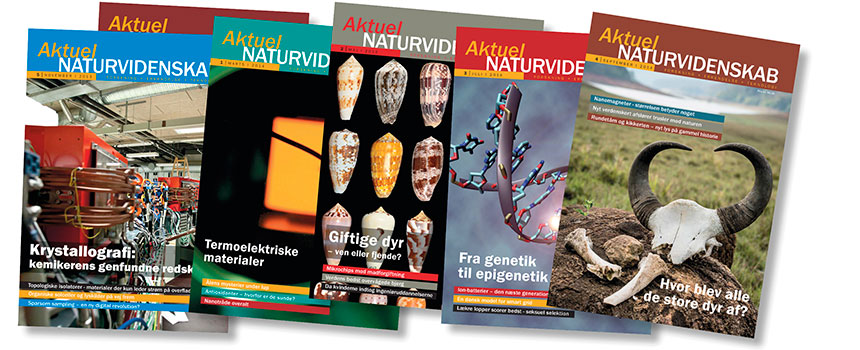 Fem overlappende forsider af "Aktuel NATURVIDENSKAB" med forskellige videnskabelige motiver.
