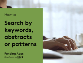 woman on computer typing. text saying how to search by keywords, abstracts, or patterns.