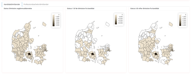 Danmarkskort der viser hvor dimittenderne bor ved dimission, et år efter og seks år efter endt uddannelse.
