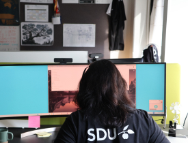 En it-medarbejder fra Servicedesk sidder foran sin computer.