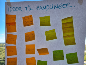 Et stort ark papir hænger på en væg med overskriften 'Ideer til handlinger'.