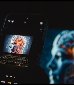 En mobiltelefon tager et billede af en computerskærm, hvor der vises et billede af kunstig intelligens.