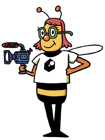 En tegneseriefigur af en bi med briller, iført t-shirt. Den står selvsikkert med den ene hånd på i siden og et kamera i den anden hånd. 
