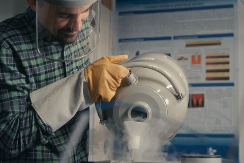 Billede af en mand, der hælder nitrogen op i en kolbe