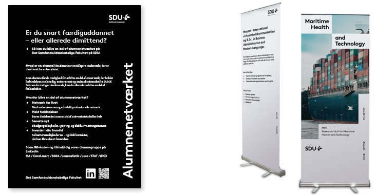 Primære SDU farver vist på plakat og roll-up banner