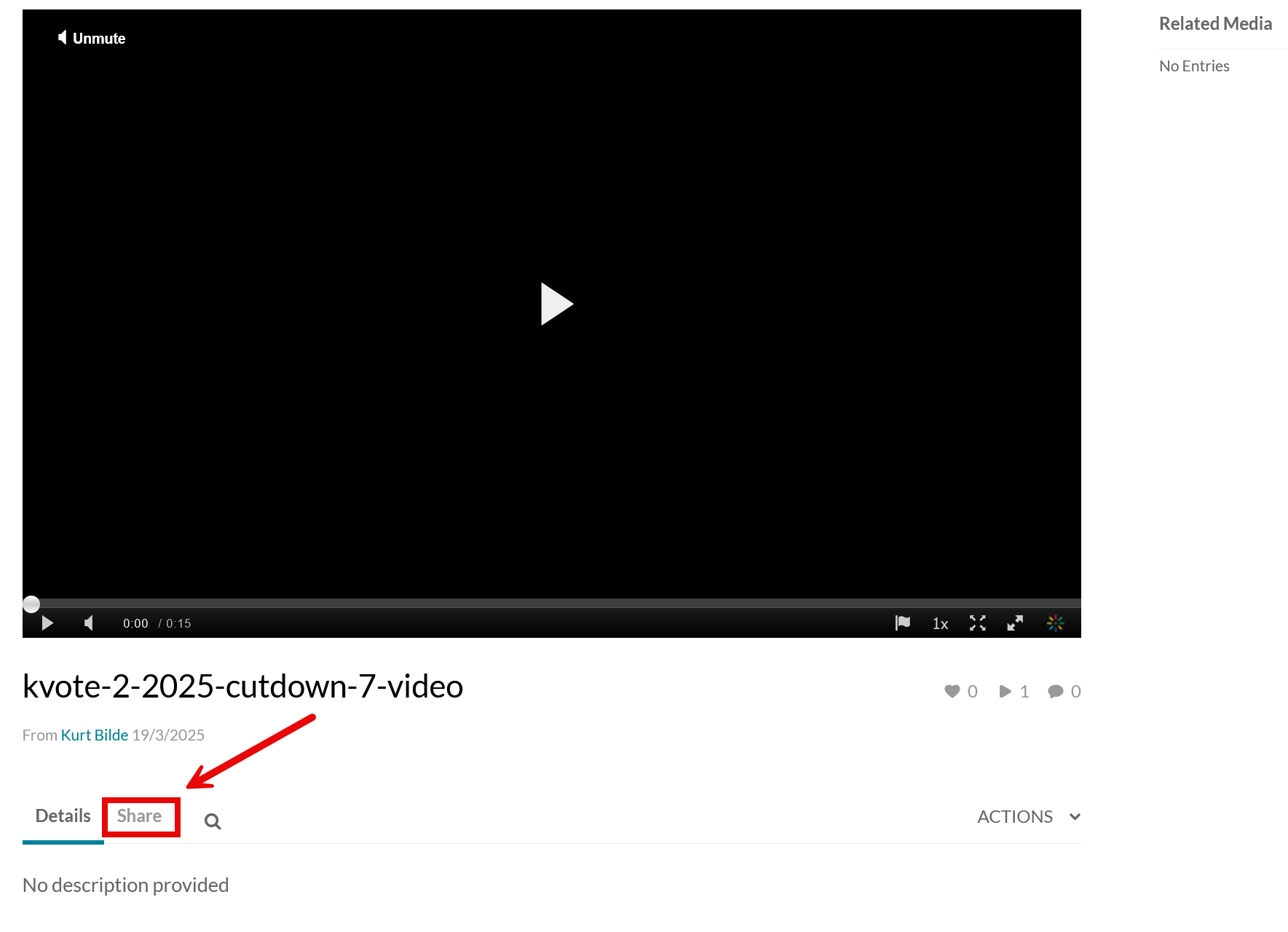 Find videoen på Kaltura og tryk på Share