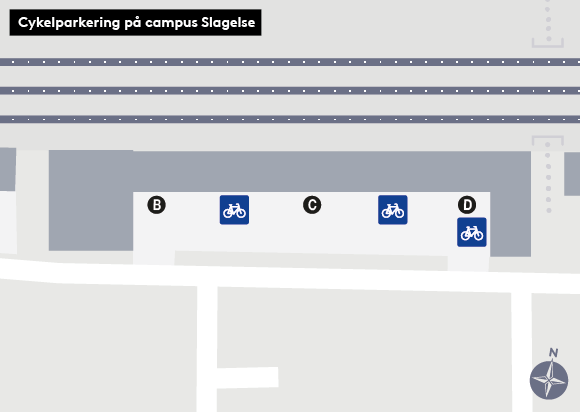 Kort over cykelparkeringer på campus Slagelse