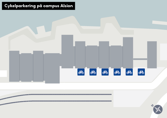 Kort over cykelparkeringsmuligheder på campus Alsion