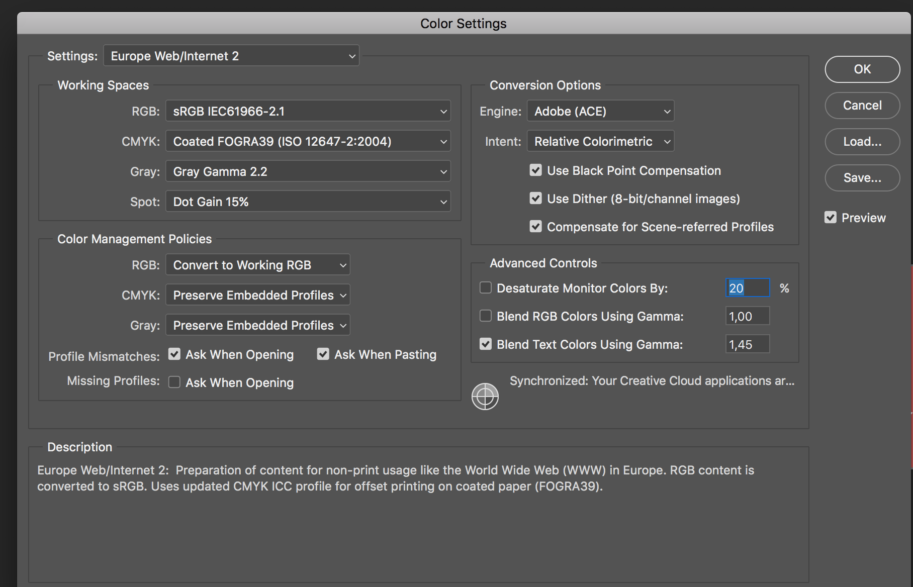 billede af vinduet colorsettings i Adobe Bridge