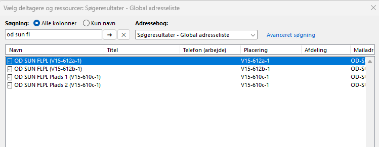 Screenshot fra Outlook, som viser, hvilke felter, der skal udfyldes, når man booker et flyverkontor